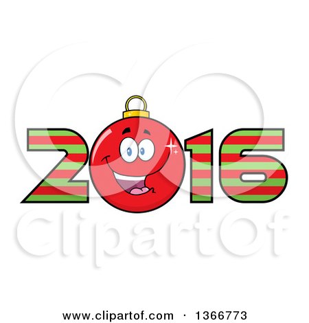 Clipart of a Cartoon Red Bauble Ornament Character in a Striped New Year 2016 - Royalty Free Vector Illustration by Hit Toon