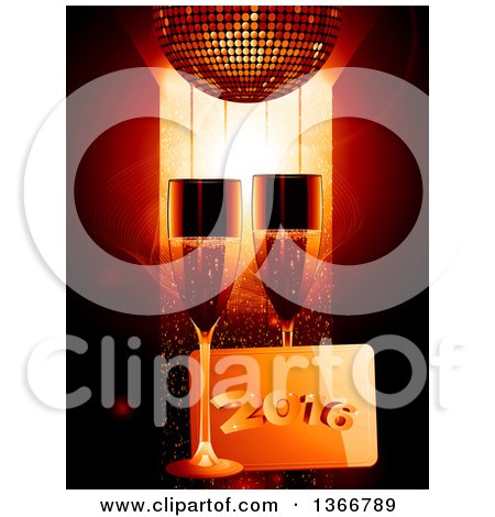 Clipart of 3d Champagne Glasses with New Year 2016 Plaue and a a Gold Disco Ball - Royalty Free Vector Illustration by elaineitalia