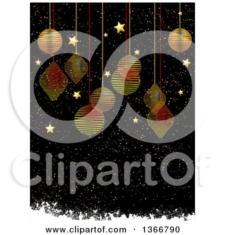 Clipart of a Christmas Background with Gold and Red Scribble Baubles Hanging over Gold Stars and Snow, with Grunge on Black - Royalty Free Vector Illustration by elaineitalia