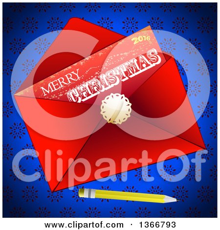 Clipart of a 2016 Merry Christmas Letter in a Red Envelope, with a Pencil on Blue Snowflakes - Royalty Free Vector Illustration by elaineitalia