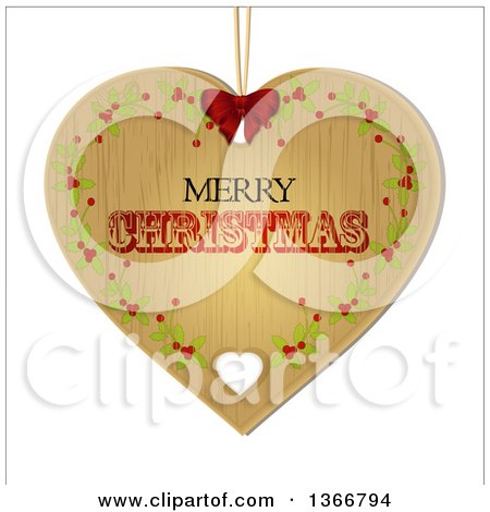 Clipart of a Retro Merry Christmas Wooden Heart Shaped Ornament with Holly - Royalty Free Vector Illustration by elaineitalia
