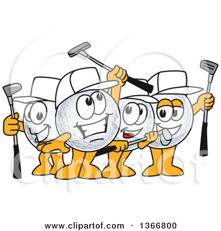 Clipart of a Team of Golf Ball Sports Mascot Winners Cheering and Holding Clubs - Royalty Free Vector Illustration by Mascot Junction