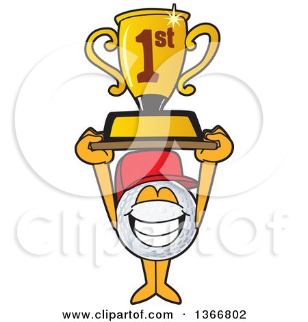 Clipart of a Golf Ball Sports Mascot Character Wearing a Red Hat and Holding up a First Place Trophy - Royalty Free Vector Illustration by Mascot Junction