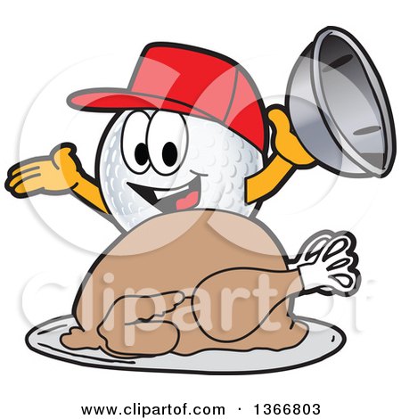 Clipart of a Golf Ball Sports Mascot Character Wearing a Red Hat and Serving a Roasted Thanksgiving Turkey - Royalty Free Vector Illustration by Mascot Junction