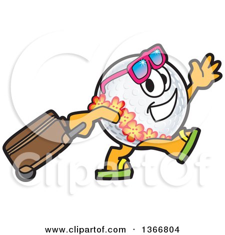 Clipart of a Golf Ball Sports Mascot Character Wearing a Hawaiian Lei and Sunglasses, Walking with a Rolling Suitcase - Royalty Free Vector Illustration by Mascot Junction