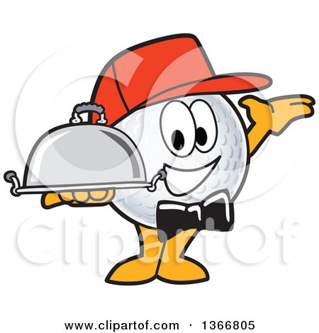 Clipart of a Golf Ball Sports Mascot Character Waiter Wearing a Red Hat, Presenting and Holding a Cloche Platter - Royalty Free Vector Illustration by Mascot Junction