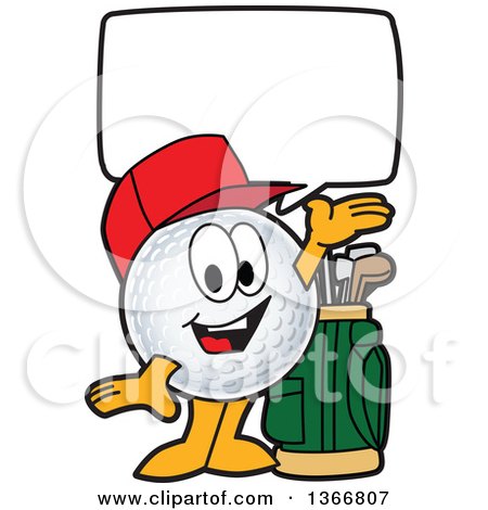 Clipart of a Golf Ball Sports Mascot Character Wearing a Red Hat, Talking and Welcoming - Royalty Free Vector Illustration by Mascot Junction
