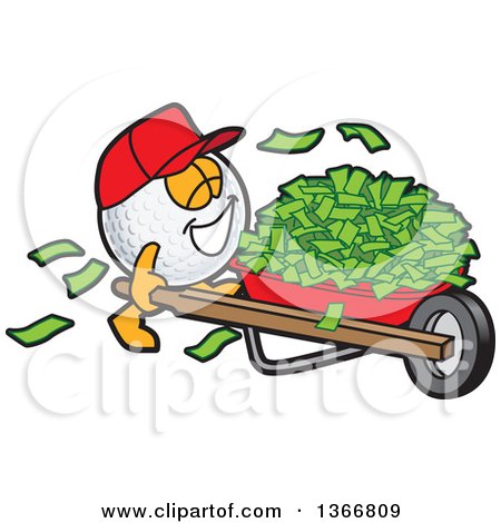 Clipart of a Golf Ball Sports Mascot Character Wearing a Red Hat and Pushing Cash Money in a Wheel Barrow - Royalty Free Vector Illustration by Mascot Junction