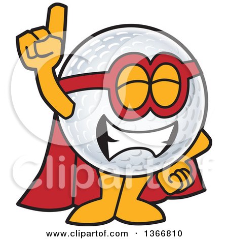 Clipart of a Super Golf Ball Sports Mascot Character Wearing a Red Hat and Holding up a Finger - Royalty Free Vector Illustration by Mascot Junction