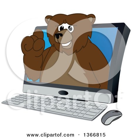 Clipart of a Grizzly Bear School Mascot Character Emerging from a Desktop Computer Screen - Royalty Free Vector Illustration by Mascot Junction