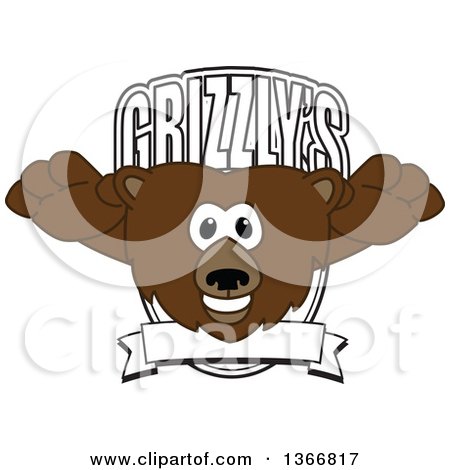 Clipart of a Grizzly Bear School Mascot Character Leaping Forward over a Grizzlys Shield - Royalty Free Vector Illustration by Mascot Junction