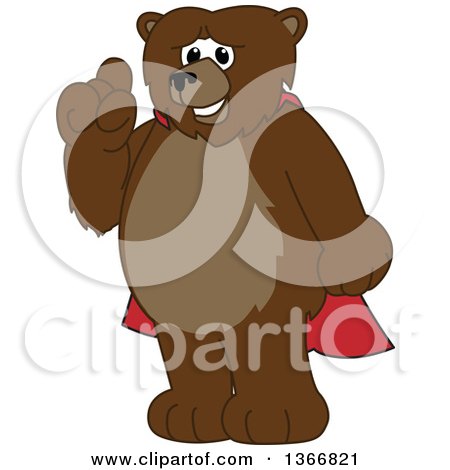 Clipart of a Grizzly Bear School Mascot Character Wearing a Cape and Holding up a Finger - Royalty Free Vector Illustration by Mascot Junction