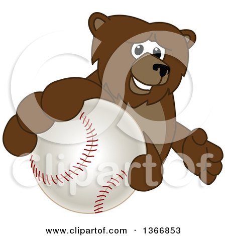 Clipart of a Grizzly Bear School Mascot Character Grabbing a Baseball - Royalty Free Vector Illustration by Mascot Junction