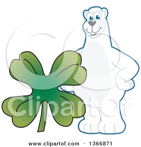 Clipart of a Polar Bear School Mascot Character with a Four Leaf St Patricks Day Clover - Royalty Free Vector Illustration by Mascot Junction