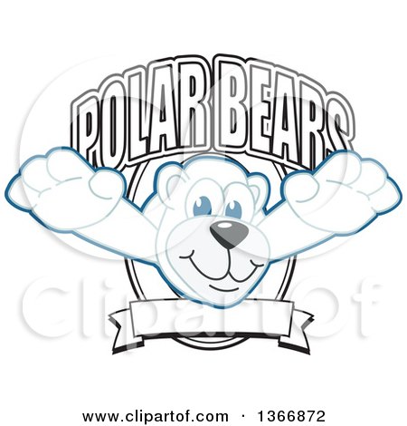 Clipart of a Polar Bear School Mascot Character Leaping from a Shield - Royalty Free Vector Illustration by Mascot Junction