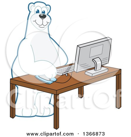 Clipart of a Polar Bear School Mascot Character Using a Desktop Computer - Royalty Free Vector Illustration by Mascot Junction