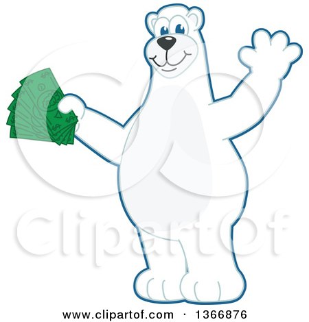 Clipart of a Polar Bear School Mascot Character Waving and Holding Cash Money - Royalty Free Vector Illustration by Mascot Junction