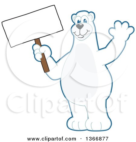 Clipart of a Polar Bear School Mascot Character Waving and Holding a Blank Sign - Royalty Free Vector Illustration by Mascot Junction