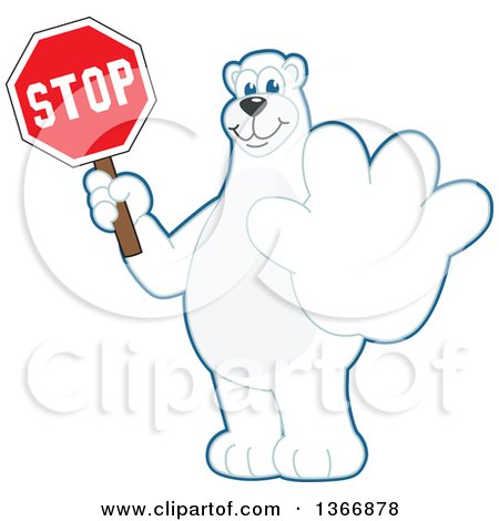 Clipart of a Polar Bear School Mascot Character Holding out a Paw and a Stop Sign - Royalty Free Vector Illustration by Mascot Junction