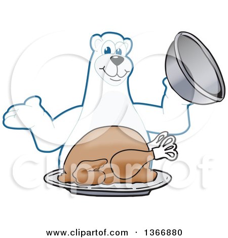 Clipart of a Polar Bear School Mascot Character Serving a Roasted Thanksgiving Turkey - Royalty Free Vector Illustration by Mascot Junction