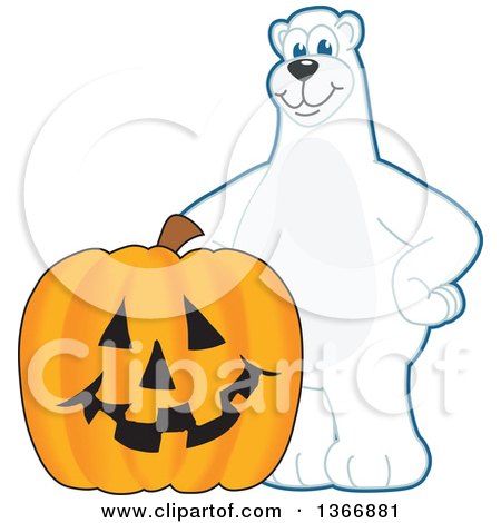 Clipart of a Polar Bear School Mascot Character with a Halloween Jackolantern Pumpkin - Royalty Free Vector Illustration by Mascot Junction