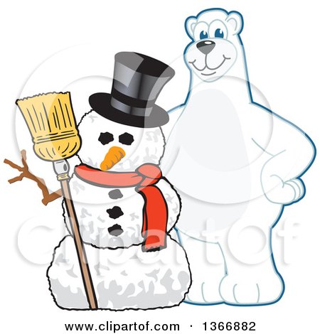 Clipart of a Polar Bear School Mascot Character with a Christmas Snowman - Royalty Free Vector Illustration by Mascot Junction