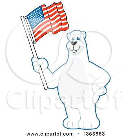 Clipart of a Polar Bear School Mascot Character Waving an American Flag - Royalty Free Vector Illustration by Mascot Junction