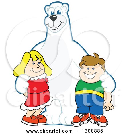 Clipart of a Polar Bear School Mascot Character Posing with Students - Royalty Free Vector Illustration by Mascot Junction