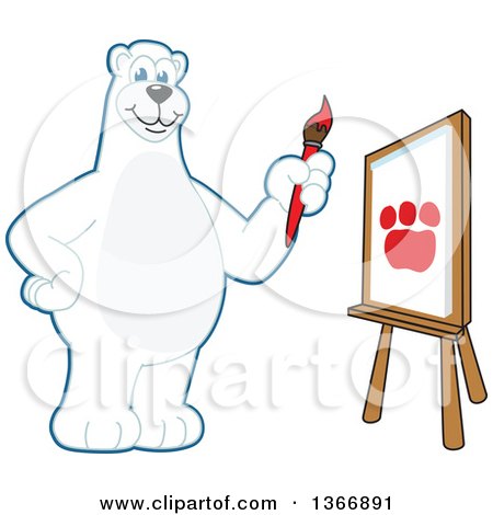 Clipart of a Polar Bear School Mascot Character Painting a Paw Print on a Canvas - Royalty Free Vector Illustration by Mascot Junction