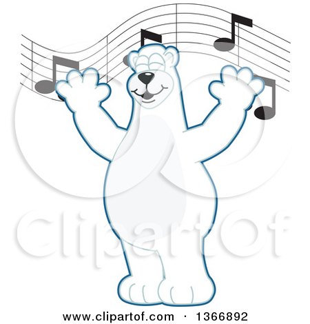 Clipart of a Polar Bear School Mascot Character Singing Under Music Notes - Royalty Free Vector Illustration by Mascot Junction