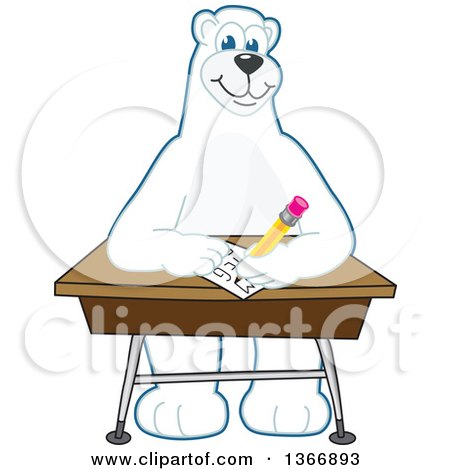 Clipart of a Polar Bear School Mascot Character Writing at a Desk - Royalty Free Vector Illustration by Mascot Junction