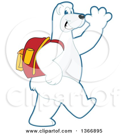 Clipart of a Polar Bear School Mascot Character Wearing a Backpack, Walking and Waving - Royalty Free Vector Illustration by Mascot Junction