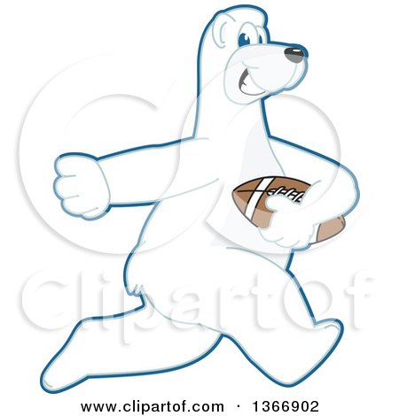 Clipart of a Polar Bear School Mascot Character Running with an American Football - Royalty Free Vector Illustration by Mascot Junction