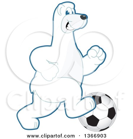 Clipart of a Polar Bear School Mascot Character Playing Soccer - Royalty Free Vector Illustration by Mascot Junction
