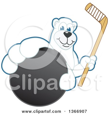 Clipart of a Polar Bear School Mascot Character Grabbing a Puck and Holding a Hockey Stick - Royalty Free Vector Illustration by Mascot Junction