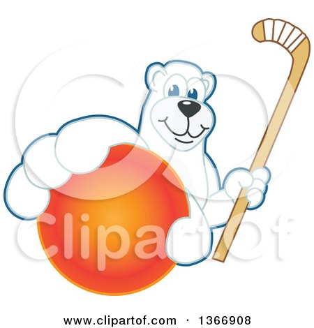 Clipart of a Polar Bear School Mascot Character Grabbing a Ball and Holding a Hockey Stick - Royalty Free Vector Illustration by Mascot Junction