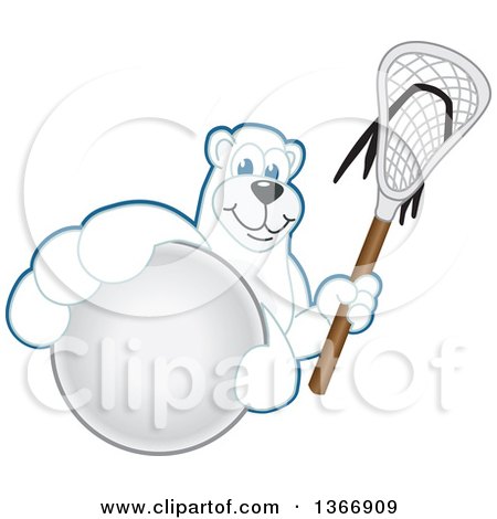 Clipart of a Polar Bear School Mascot Character Grabbing a Ball and Holding a Lacrosse Stick - Royalty Free Vector Illustration by Mascot Junction