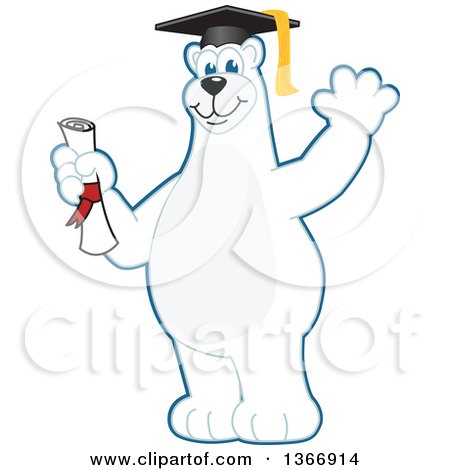 Clipart of a Polar Bear School Mascot Character Graduate Holding a Diploma and Waving - Royalty Free Vector Illustration by Mascot Junction