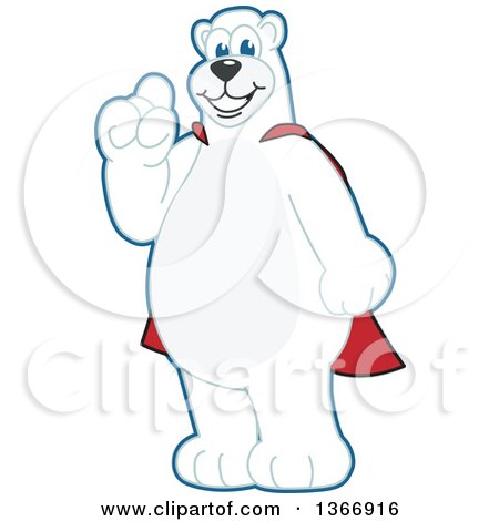 Clipart of a Polar Bear School Mascot Character Wearing a Super Hero Cape, Holding up a Finger - Royalty Free Vector Illustration by Mascot Junction