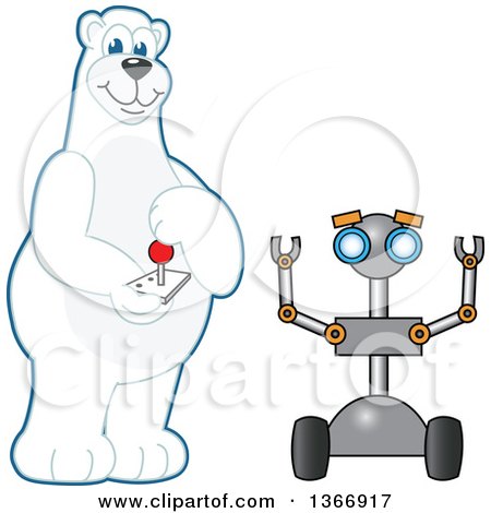Clipart of a Polar Bear School Mascot Character Controlling a Robot - Royalty Free Vector Illustration by Mascot Junction