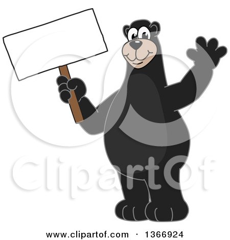 Clipart of a Black Bear School Mascot Character Waving and Holding a Blank Sign - Royalty Free Vector Illustration by Mascot Junction