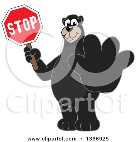 Clipart of a Black Bear School Mascot Character Holding out a Paw and a Stop Sign - Royalty Free Vector Illustration by Mascot Junction