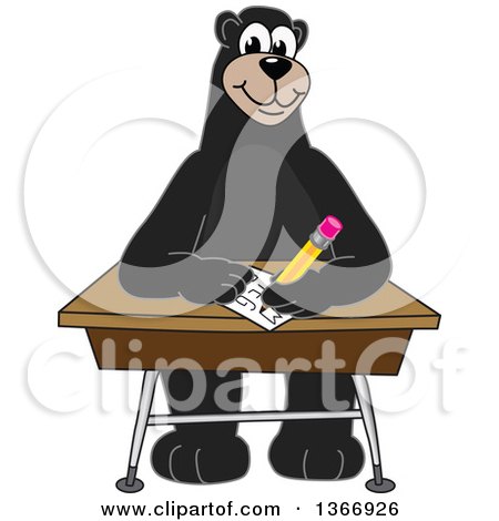 Clipart of a Black Bear School Mascot Character Writing at a Desk - Royalty Free Vector Illustration by Mascot Junction