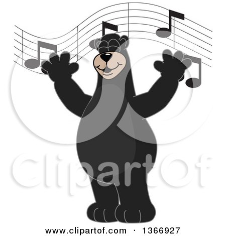Clipart of a Black Bear School Mascot Character Singing Under Music Notes - Royalty Free Vector Illustration by Mascot Junction