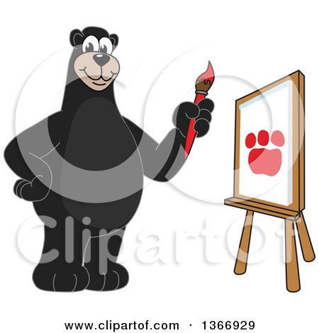 Clipart of a Black Bear School Mascot Character Painting a Paw Print on Canvas - Royalty Free Vector Illustration by Mascot Junction