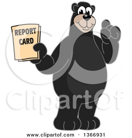Clipart of a Black Bear School Mascot Character Holding a Report Card - Royalty Free Vector Illustration by Mascot Junction