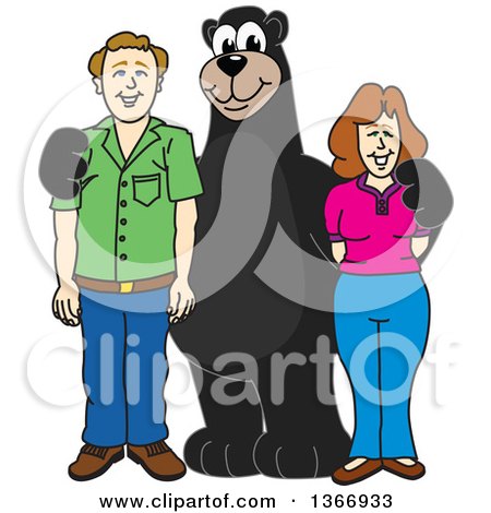 Clipart of a Black Bear School Mascot Character Posing with Parents of Students - Royalty Free Vector Illustration by Mascot Junction
