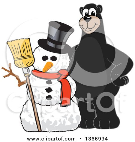 Clipart of a Black Bear School Mascot Character with a Christmas Snowman - Royalty Free Vector Illustration by Mascot Junction