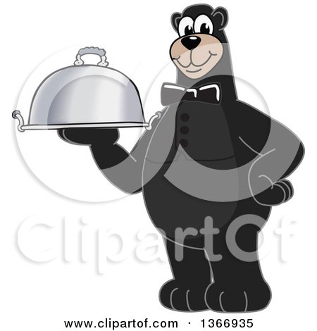 Clipart of a Black Bear School Mascot Character Waiter Holding a Cloche Platter - Royalty Free Vector Illustration by Mascot Junction
