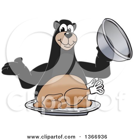 Clipart of a Black Bear School Mascot Character Serving a Roasted Thanksgiving Turkey - Royalty Free Vector Illustration by Mascot Junction